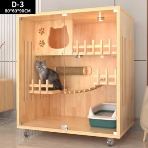 Chuồng mèo gỗ mã D3 thiết kế hiện đại có bánh xe và đèn led