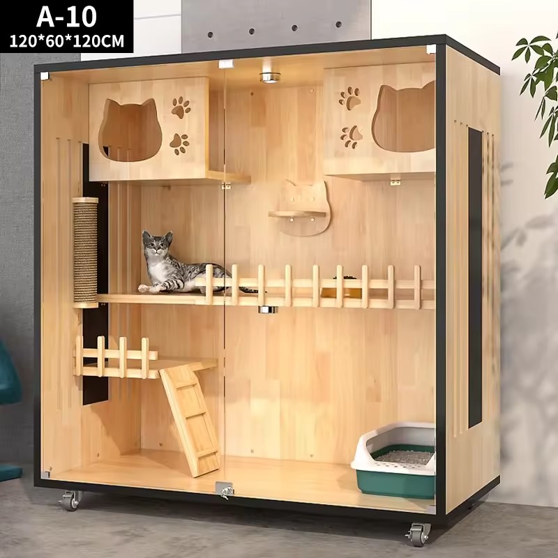Chuồng mèo 2 tầng bằng gỗ cao cấp mã A10 thiết kế hiện đại có bánh xe
